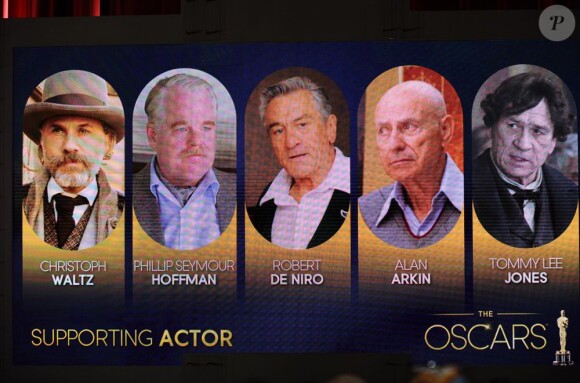 Christoph Waltz, Philip Seymour Hoffman, Robert De Niro, Alan Arkin et Tommy Lee Jones nommés à l'Oscar du meilleur acteur dans un second rôle.