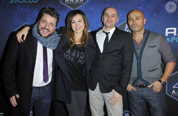Bruno Guillon, Eric Judor, Marie-Ange Casalta et son mari Romuald Boulanger à la soirée des 30 ans de Axe, à Paris le 10 janvier 2013.