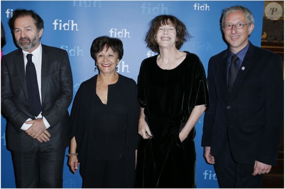 Exclu - Denis Olivennes, Souhayr Belhassem, Jane Birkin et Antoine Bernard au dîner de la Fédération Internationale des Ligues des Droits de l'homme, à Paris le 6 décembre 2012.