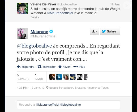 Capture d'écran de la réponse de Maurane au premier tweet de la blogueuse, le 19 janvier 2013.