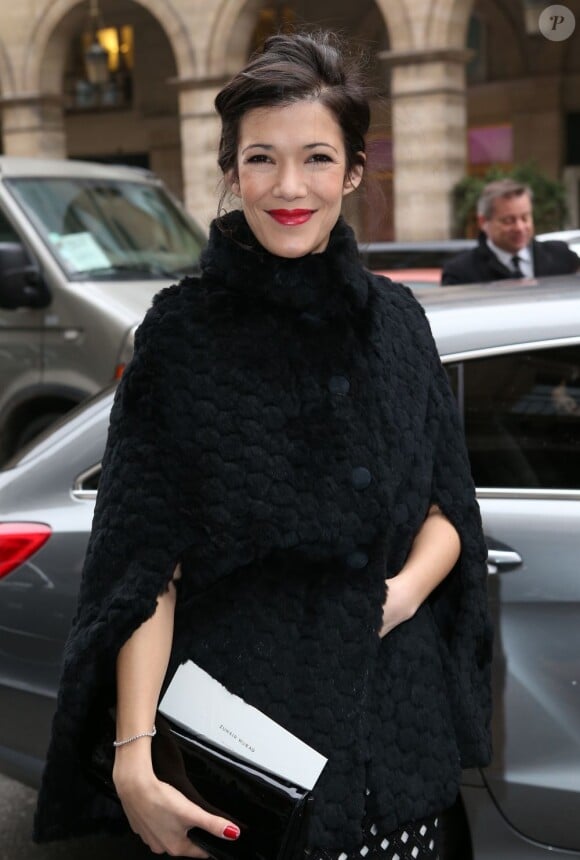 Mélanie Doutey, souriante à son arrivée à l'hôtel Westin pour assister au défilé Zuhair Murad haute couture printemps-été 2013. Paris, le 24 janvier 2013.