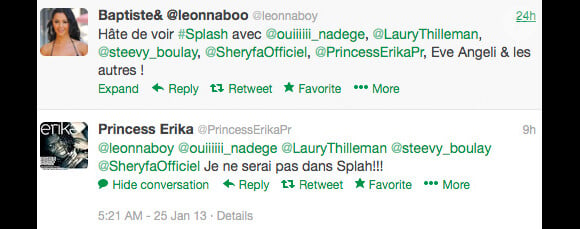 Princess Erika a démenti, le 25 janvier, sa participation à Splash sur Twitter.