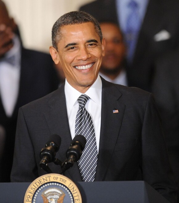 Barack Obama lors d'une cérémonie organisée en l'honneur du Heat de Miami, champion NBA 2011-2012, à la Maison Blanche à Washington le 28 janvier 2013
