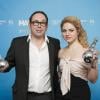 Les deux meilleurs acteurs de la soirée, Olivier Gourmet et Emilie Dequenne avec leurs trophées aux Magritte du Cinema à Bruxelles, le 2 février 2013.