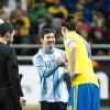 Zlatan Ibrahimovic et Lionel Messi lors du match amical entre la Suède et l'Argentine le 6 février 2013 à la Friends Arena de Solna (3-2 pour l'Argentine)