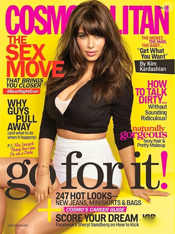 Kim Kardashian, enceinte et sexy en couverture du numéro d'avril 2013 du magazine Cosmopolitan.