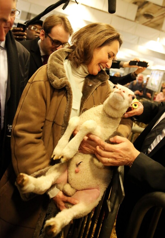 Segolene Royal a rencontré un bel agneau au Salon de l'Agriculture, à Paris, le 27 février 2013.