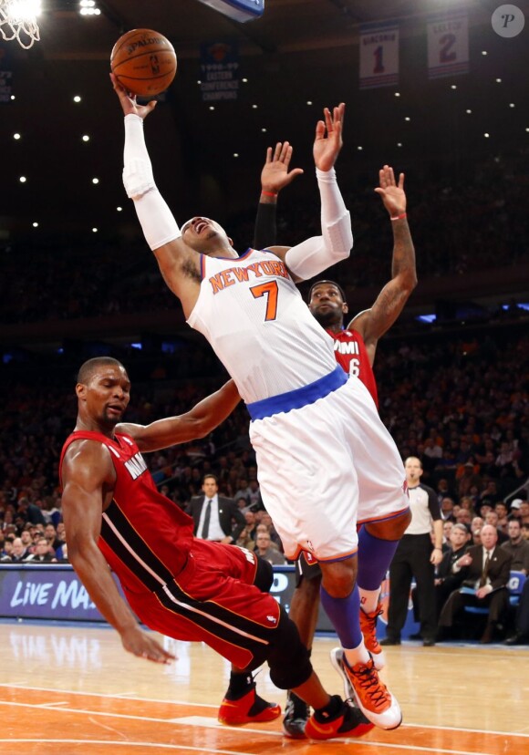 LeBron James, Chris Bosh et Carmelo Anthony lors du match entre les Knicks de New York et le Heat de Miami à New York le 3 mars 2013