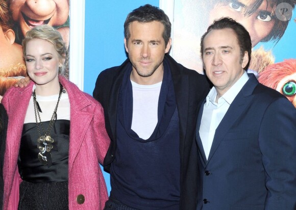 Emma Stone, Ryan Reynolds et Nicolas Cage lors de l'avant-première du film d'animation Les Croods à New York le 10 mars 2013