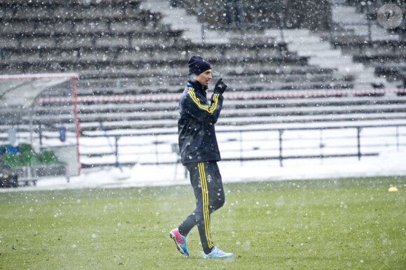 La star du PSG Zlatan Ibrahimovic s'entraîne avec l'equipe nationale suédoise à Stockholm le 19 mars 2013.