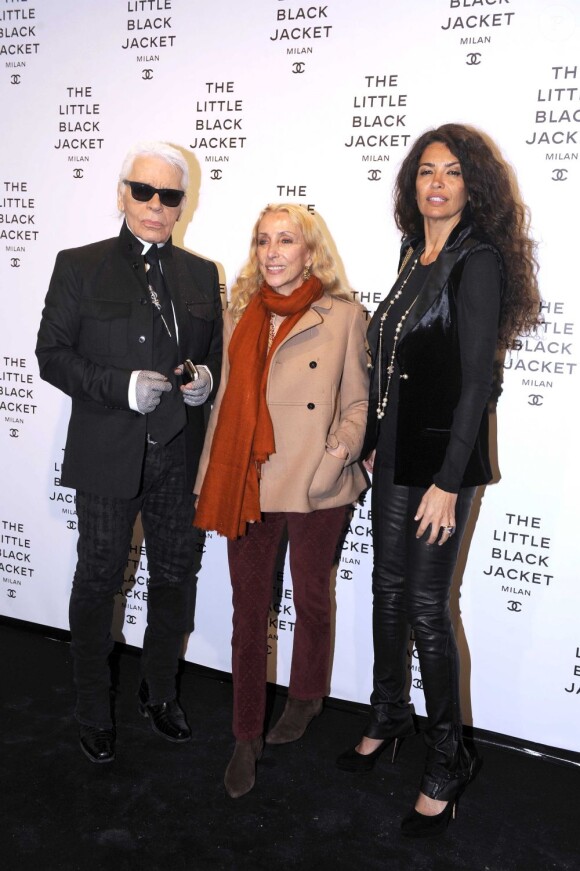 Karl Lagerfeld, Franca Sozzani et Afef Jnifen assistent à la soirée privée consacrée à l'exposition The Little Black Jacket à Milan. Le 4 avril 2013.