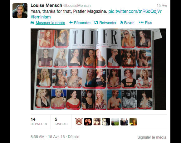 Louise Mensch n'a pas apprécié que Tatler l'intègre à sa liste des plus beaux seins de la bonne société britannique en tant que Tweeting Tits, et a répliqué sur Twitter