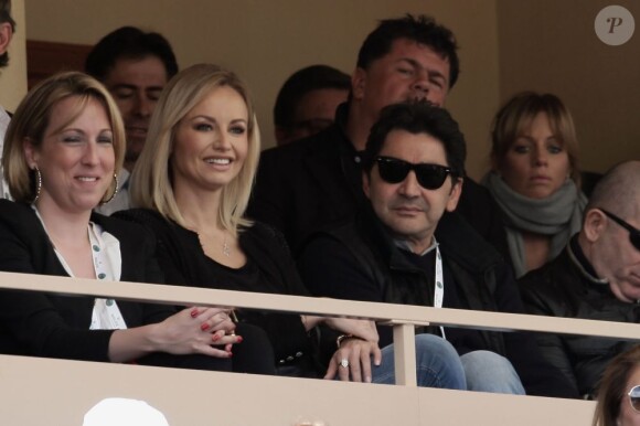 Adriana Karembeu et son compagnon André Ohanian lors de la finale de tennis du Monte Carlo Rolex Masters 1000 à Monaco le 21 Avril 2013 entre Novak Djokovic et Rafael Nadal