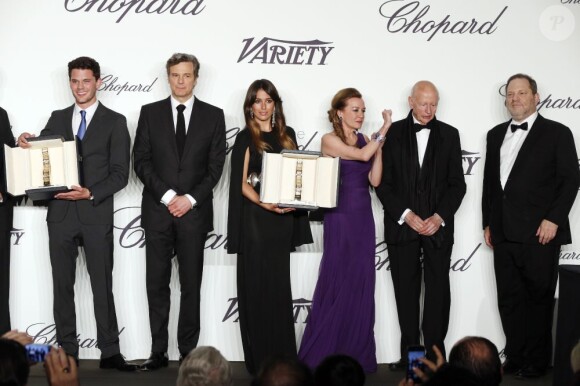 Jeremy Irvine, Colin Firth, Blanca Suarez, Caroline Scheufele, Gilles Jacob et Harvey Weinstein lors de la soirée des Trophées Chopard pendant le Festival de Cannes le 16 mai 2013