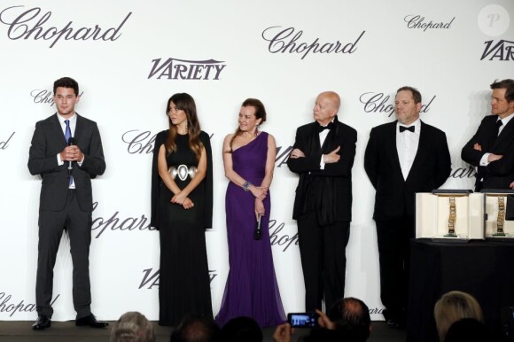 Jeremy Irvine, Blanca Suarez, Caroline Scheufele, Gilles Jacob, Harvey Weinstein, et Colin Firth lors de la soirée des Trophées Chopard pendant le Festival de Cannes le 16 mai 2013
