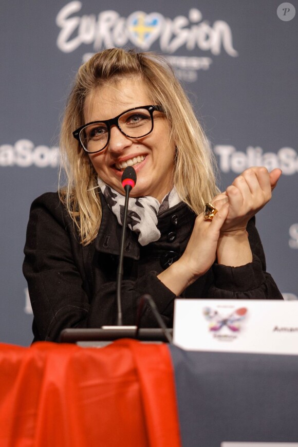 Amandine Bourgeois, candidate pour la France en conférence de presse de l'Eurovision 2013 à Malmo, en Suède, le 15 mai 2013.