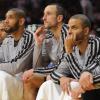 Tim Duncan, Manu Ginobili et Tony Parker lors d'un match face aux Los Angeles Lakers au Staples Center de Los Angeles le 28 avril 2013