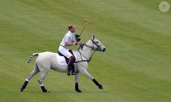 Sans la bombe, on juge bien de l'état de la calvitie précoce de William... Le prince William le 29 mai 2013 lors du match de polo de l'Audi Challenge à l'hippodrome de Chester.