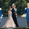 Joachim et Marie de Danemark arrivant au palais Drottningholm, le 8 juin 2013 à Stockholm, pour la réception du mariage de la princesse Madeleine de Suède et de Chris O'Neill.