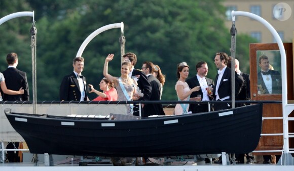 Le prince Frederik de Danemark, la princesse Victoria de Suède, la princesse Marie de Danemark embarquent pour Drottningholm au mariage de la princesse Madeleine de Suède et de Chris O'Neill au palais royal à Stockholm le 8 juin 2013.