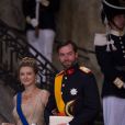 Guillaume et Stephanie de Luxembourg au mariage de la princesse Madeleine de Suède et de Chris O'Neill au palais royal à Stockholm le 8 juin 2013.