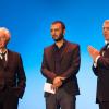 Guy Bedos, Lotfi Abdelli et Michel Boujenah lors de la soirée Pour La Tunisie qu'on aime, qui s'est déroulée à L'Olympia à Paris, le 10 juin 2013.