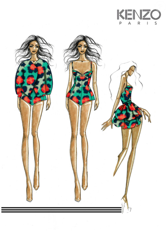 Le croquis des trois tenues Kenzo imaginées par Carol Lim et Humberto Leon, directeur de création de la marque, pour la tournée mondiale The Mrs Carter Show de Beyoncé.