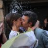Beau baiser au mariage civil de Thomas Langmann et Céline Bosquet à la mairie de Sartène, Corse du sud, le 21 juin 2013.