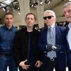 Roschdy Zem, Gad Elmaleh, Karl Lagerfeld et Sidney Toledano au défilé Dior Homme printemps-été 2014 à Paris, le 29 juin 2013.