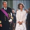 Albert II de Belgique et la reine Fabiola, lors des funérailles du roi Baudouin de Belgique à Bruxelles, le 7 août 1993.