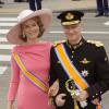 La princesse Mathilde et le prince Philippe de Belgique arrivent à la cérémonie de couronnement du roi Willem-Alexander des Pays-Bas dans la "Nieuwe Kerk" à Amsterdam, le 30 avril 2013.