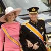 La princesse Mathilde et le prince Philippe de Belgique arrivent à la cérémonie de couronnement du roi Willem-Alexander des Pays-Bas dans la "Nieuwe Kerk" à Amsterdam, le 30 avril 2013.
