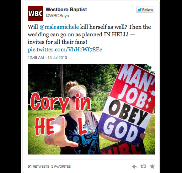 La Westboro Baptist Church a publié plusieurs tweets haineux contre Cory Monteith, sa compagne Lea Michele et sa famille depuis son décès le 13 juillet 2013 à Vancouver.