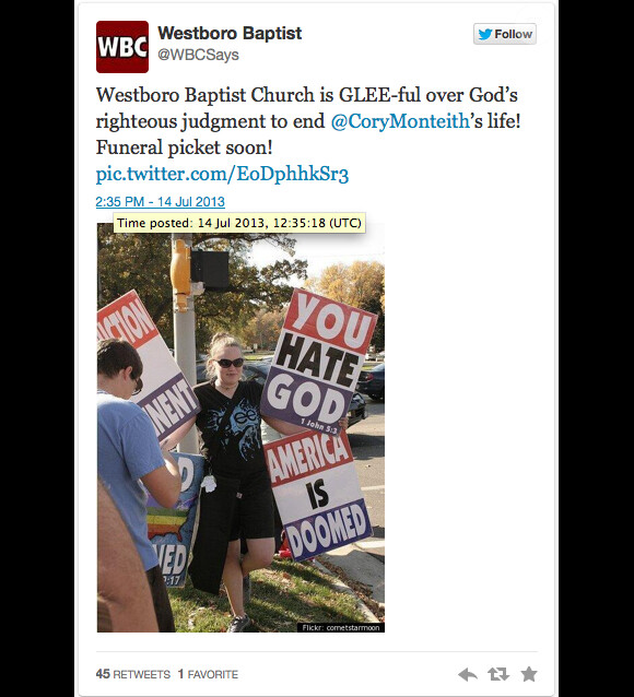 La Westboro Baptist Church a publié plusieurs tweets haineux contre Cory Monteith, Lea Michele et sa famille depuis son décès le 13 juillet 2013 à Vancouver.