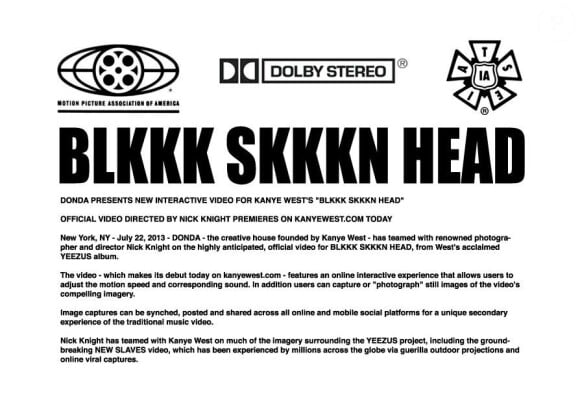 Les crédits pour le clip animé de BLKKK SKKKN HEAD (Black Skinhead), réalisé par Nick Knight.
