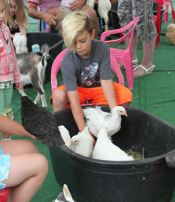 Kingston, 7 ans, joue l'ami des bêtes au Farmers' Market à Los Angeles, le 21 juillet 2013.