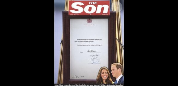 Une de The Sun sur le royal baby. Le 23 juillet 2013, la presse britannique faisait ses gros titres sur la naissance du prince de Cambridge, fils de Kate Middleton et le prince William né le 22 juillet à 16h24.