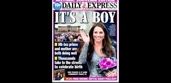 Une du Daily Express sur le royal baby. Le 23 juillet 2013, la presse britannique faisait ses gros titres sur la naissance du prince de Cambridge, fils de Kate Middleton et le prince William né le 22 juillet à 16h24.