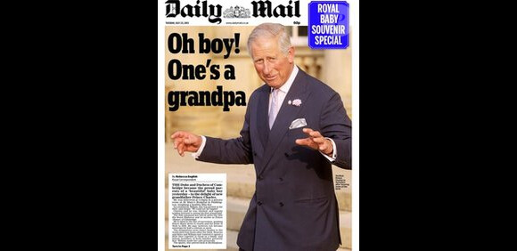 Une du Daily Mail sur le royal baby. Le 23 juillet 2013, la presse britannique faisait ses gros titres sur la naissance du prince de Cambridge, fils de Kate Middleton et le prince William né le 22 juillet à 16h24.