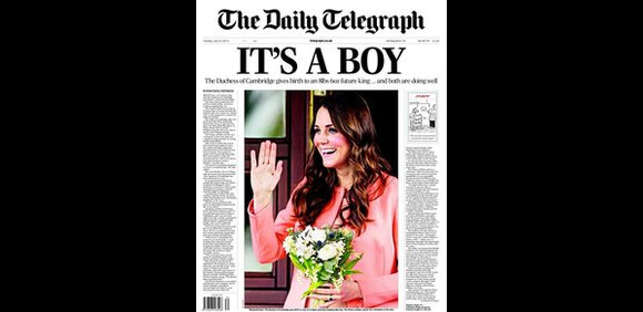 Une du Daily Telegraph sur le royal baby. Le 23 juillet 2013, la presse britannique faisait ses gros titres sur la naissance du prince de Cambridge, fils de Kate Middleton et le prince William né le 22 juillet à 16h24.