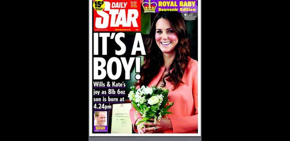 Une du Daily Star sur le royal baby. Le 23 juillet 2013, la presse britannique faisait ses gros titres sur la naissance du prince de Cambridge, fils de Kate Middleton et le prince William né le 22 juillet à 16h24.
