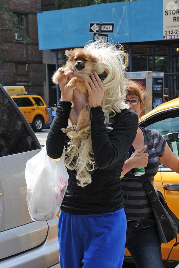Amanda Bynes se cache derrière son chien alors qu'elle marche dans les rues de Soho à New York, le 11 juillet 2013.