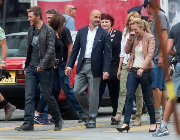 Nicola Peltz, Stanley Tucci, Sophia Myles sur le tournage de Transformers 4 à Detroit, le 31 juillet 2014.