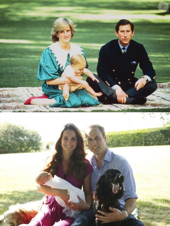 Prince William et ses parents Charles et Diana en 1983 lors de la première photo officielle, vs Prince William avec Kate Middleton et leur enfant George en 2013.
