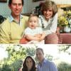 Le prince William au milieu de ses parents Charles et Diana en 1983 / Le prince William en père de famille avec Kate Middleton et George en 2013.