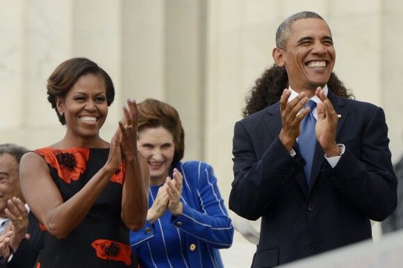 Barack Obama et son épouse Michellelors de la commémoration du 50e anniversaire de la marche de Washington, "Let The Freedom Ring", au sein de la capitale des Etats-Unis le 28 août 2013