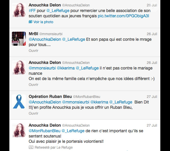 Anouchka Delon avait témoigné en juillet 2013 son soutien à l'association Le Refuge, alors que son père Alain Delon tenait dans le même temps des propos polémiques sur l'homosexualité.