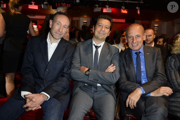 Laurent Bazin, Laurent Gerra et Jean-Michel Aphatie lors de la conférence de presse de rentrée de RTL le 10 septembre 2013, à Paris