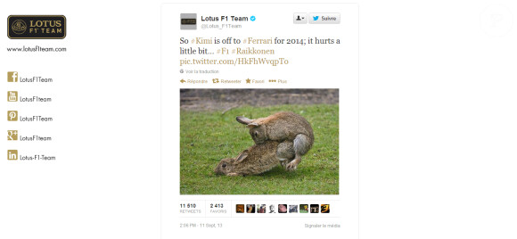 Le compte twitter de Lotus suite au départ de son pilote Kimi Räikkönen le 11 septembre 2013