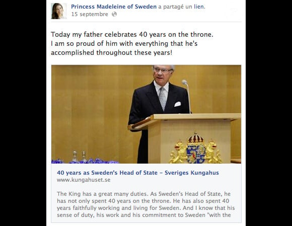 Capture d'écran du profil Facebook de la princesse Madeleine de Suède en septembre 2013